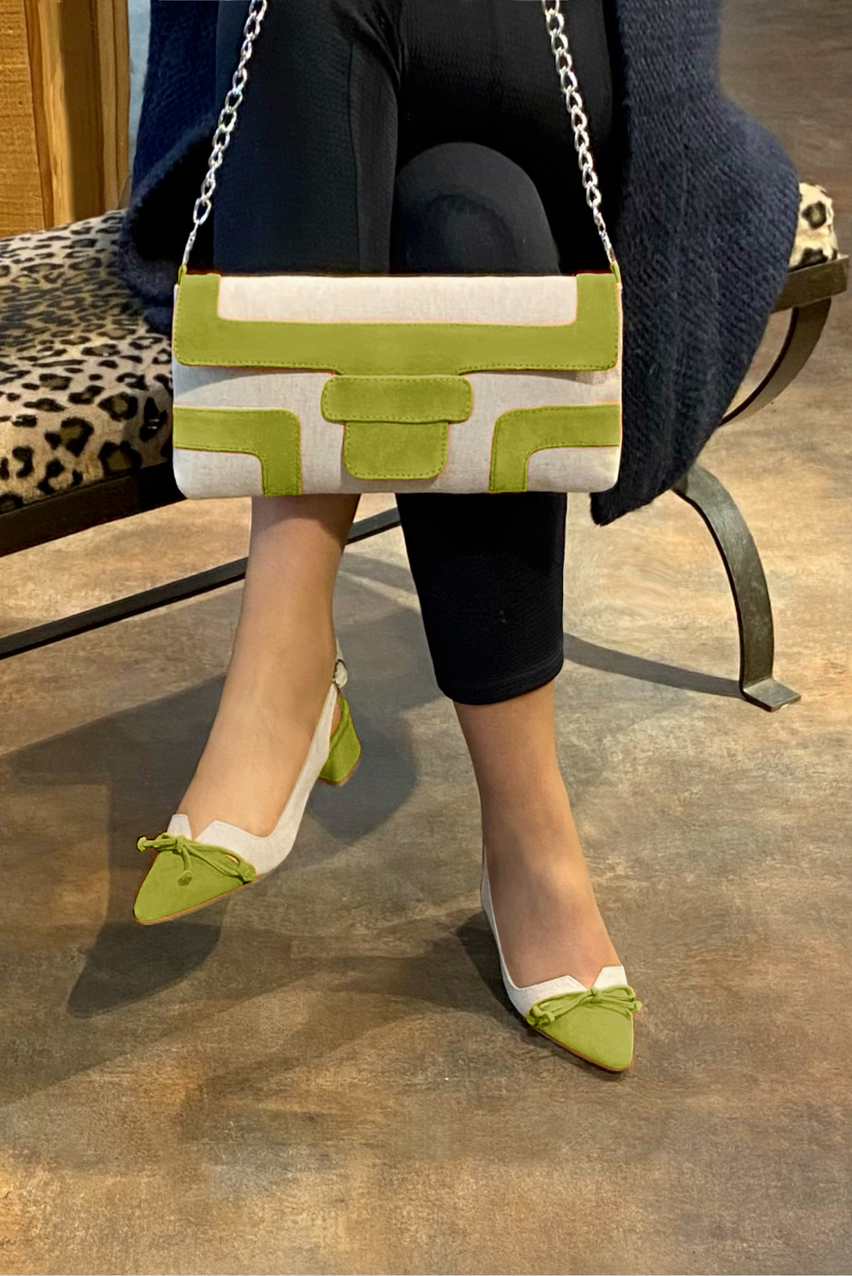 Pistachio green and natural beige women's open back shoes, with a knot. Tapered toe. Low flare heels. Worn view - Florence KOOIJMAN